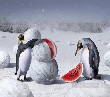 Pinguine und Wassermelone Tier Ölgemälde